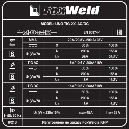 Аргонодуговой аппарат FoxWeld UNO TIG 200 AC/DC