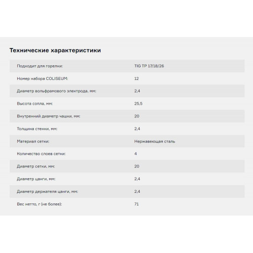 Набор ПТК COLISEUM №12 горелки TIG TP 17/18/26 (d=2.4 мм, газ.линза) (CLS1771)