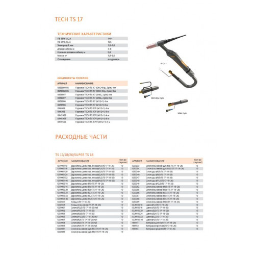 Горелка аргонодуговая Сварог TECH TS 17 (140A, ОКС+Б/Р, 2 ПИН, 4м)