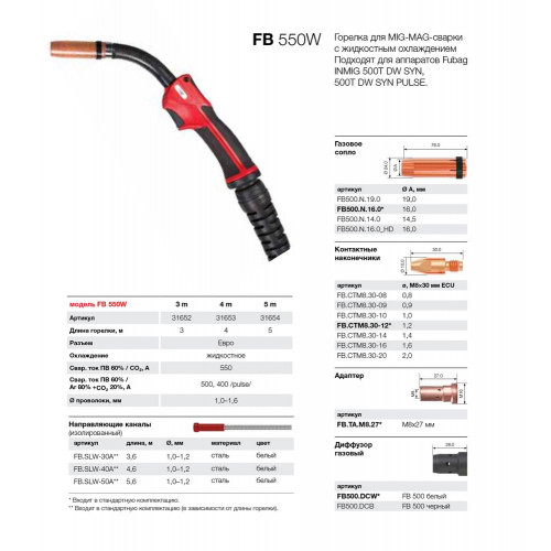 Горелка сварочная для полуавтомата Fubag FB 550W 4м (550А, ПВ=100%, 1.0-1.6мм, Евро-разъем, ж/о)