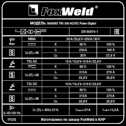 Аргонодуговой аппарат FoxWeld SAGGIO TIG 300 AC/DC Pulse Digital (аттестация НАКС)