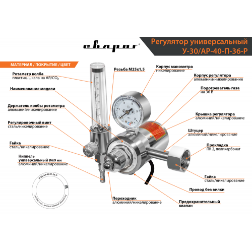 Регулятор универсальный Сварог У-30/АР-40-П-36-Р (ротаметр, подогреватель 36В)