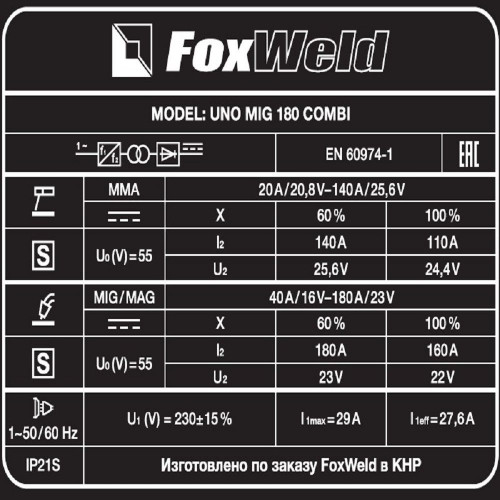 Сварочный полуавтомат FoxWeld UNO MIG 180 COMBI
