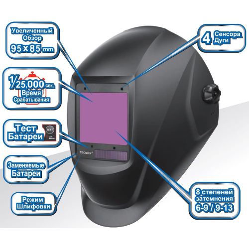 Сварочная маска «Хамелеон» Tecmen ADF 820S TM16 (черная, с внешней кнопкой режима зачистки)