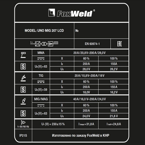 Сварочный полуавтомат FoxWeld UNO MIG 207 LCD (MIG/MAG, FLUX, TIG LIFT, MMA, синергетика, алюминий)