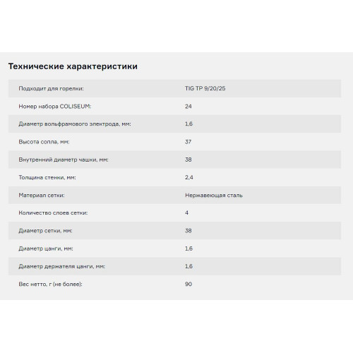 Набор ПТК COLISEUM №24 горелки TIG TP 9/20/25 (d=1.6 мм, газ.линза) (CLS0936)